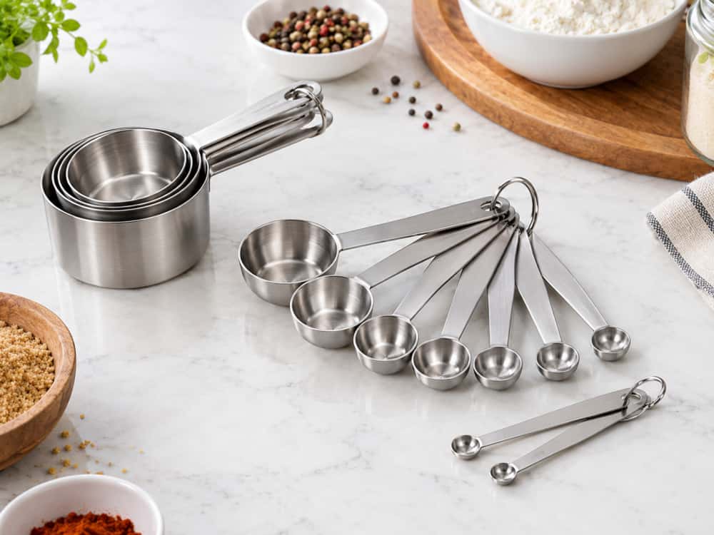 Small measuring spoons including 1/8 teaspoon and 1/16 teaspoon sizes arranged beside common measuring spoons