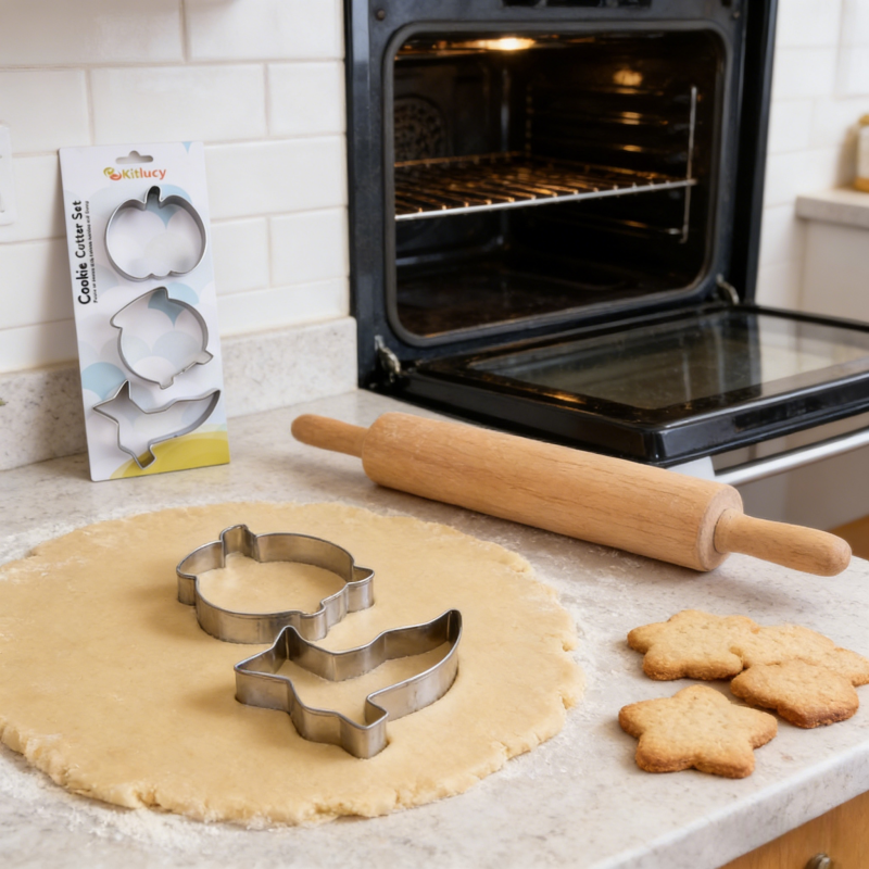 Stainless steel cookie cutters (apple, pear, whale shapes) pressing into rolled cookie dough on a kitchen counter, with a rolling pin, baked star-shaped cookies, and the product packaging displayed near an open oven in the background.