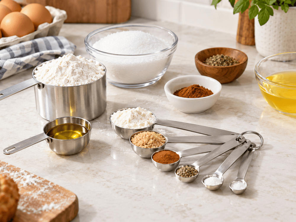 Measuring spoons with flour, sugar, spices, and liquid ingredients on a kitchen countertop