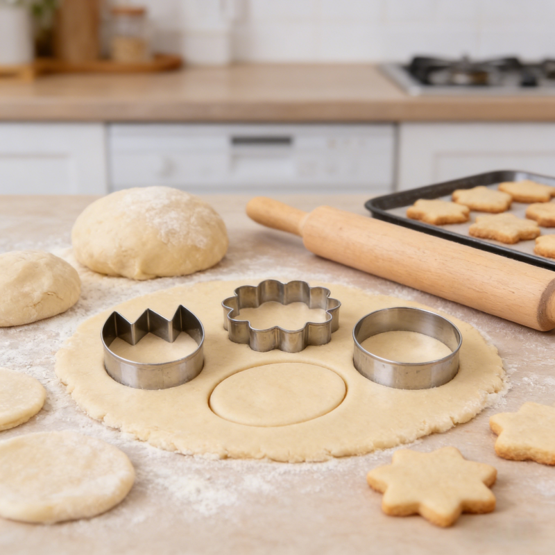 Stainless steel cookie cutters (cracked egg, flower, egg shapes) pressing into rolled cookie dough on a floured kitchen counter, with dough balls, rolling pin, and baked cookies on a tray in the background.