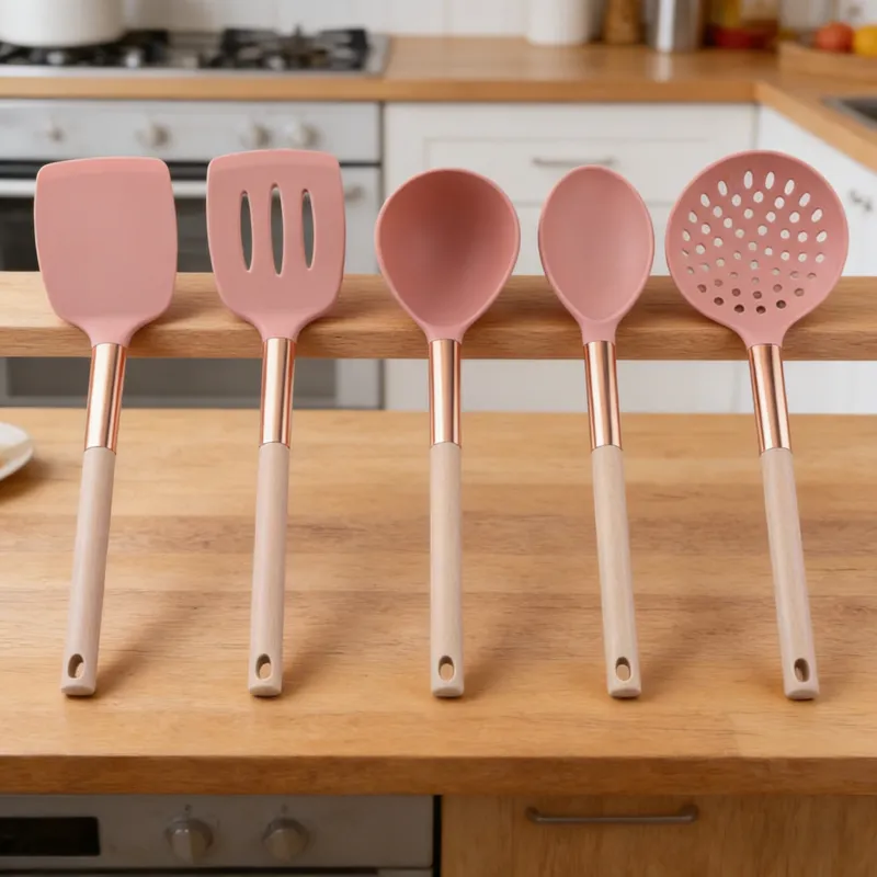 Set of 5 pink silicone kitchen utensils with rose gold accents and light wooden handles (solid turner, slotted turner, soup ladle, solid spoon, slotted skimmer), neatly arranged on a wooden kitchen countertop in a bright modern kitchen.