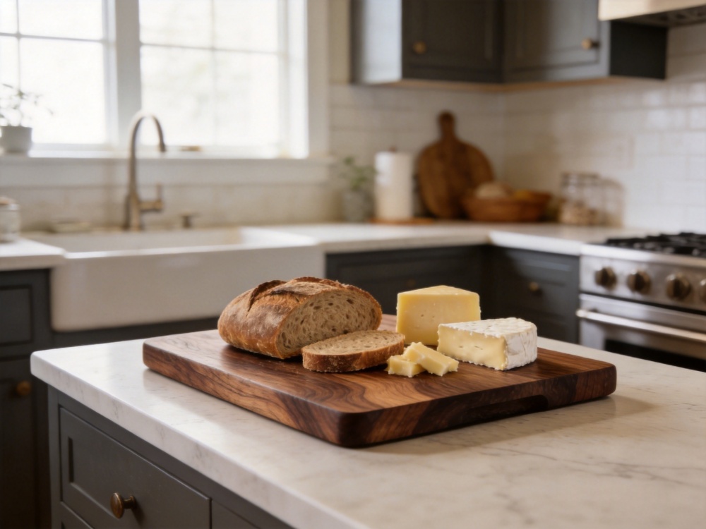 Dark walnut wood cutting board used for serving bread and cheese in modern kitchen