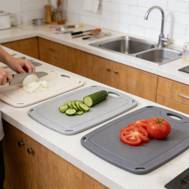 3-piece kitchen cutting board set (small, medium, large) with non-slip edges and hanging holes, lifestyle shot on a countertop with fresh vegetables.