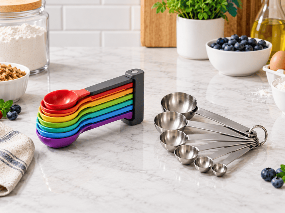 Magnetic and traditional measuring spoon sets compared on a kitchen countertop