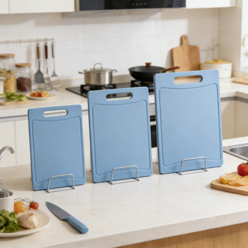 Three-piece light blue kitchen cutting board set (small, medium, large) with handles and juice grooves, displayed on metal stands on a kitchen countertop in a bright modern kitchen with cooking utensils and fresh produce.