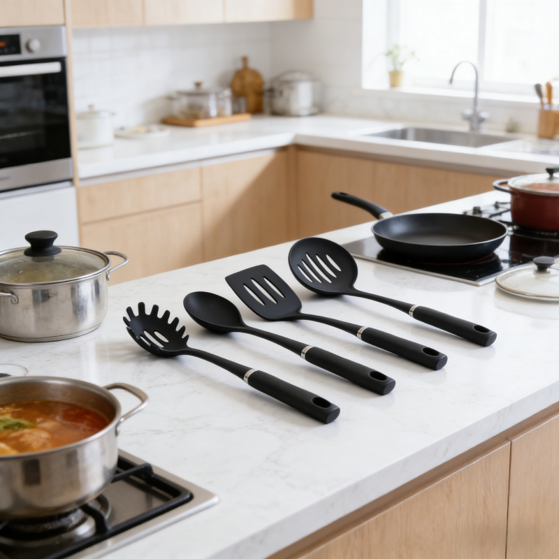 Kitlucy 5-piece black silicone kitchen utensil set with silver accents, neatly arranged on a modern kitchen countertop surrounded by cookware, ideal for everyday cooking and food preparation.