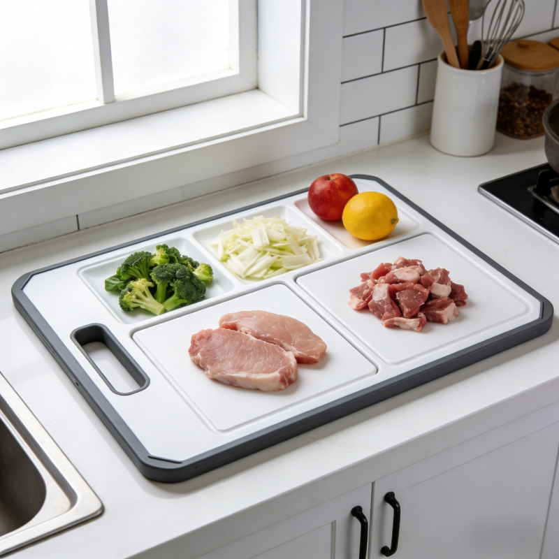 Multi compartment cutting board with ingredient storage trays