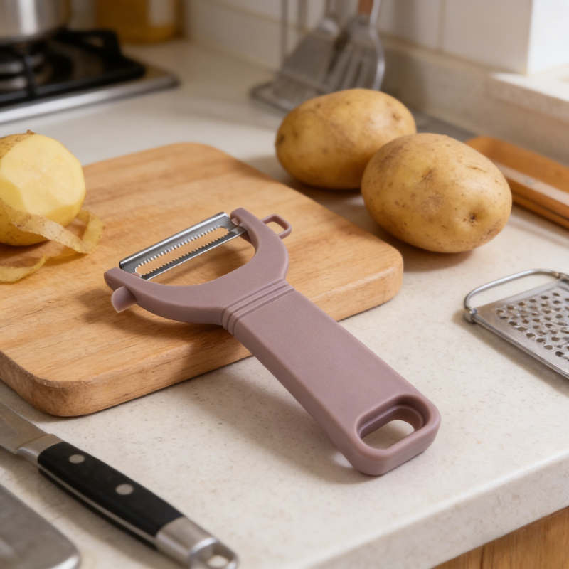 Dusty pink vegetable peeler with serrated stainless steel blade, resting on a wooden cutting board in a warm kitchen, alongside peeled potatoes, whole potatoes, and other kitchen tools.