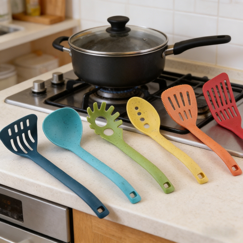 Set of 6 colorful speckled kitchen utensils (slotted turner, solid spoon, pasta fork, slotted spoon, turner with edge, slotted spatula) in gradient blue-teal-green-yellow-orange-red, displayed on a kitchen countertop next to a gas stove with a cooking pot.
