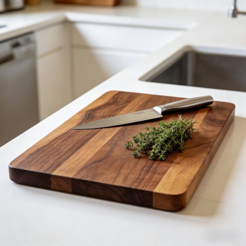 Premium walnut cutting board with rich dark wood grain on modern kitchen countertop