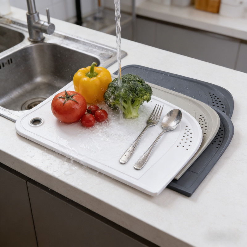 Three-piece color-coded kitchen cutting board set (white, beige, dark gray) with a hanging hole and perforated drainage design, placed by a kitchen sink with running water, fresh vegetables, and utensils in a modern kitchen.