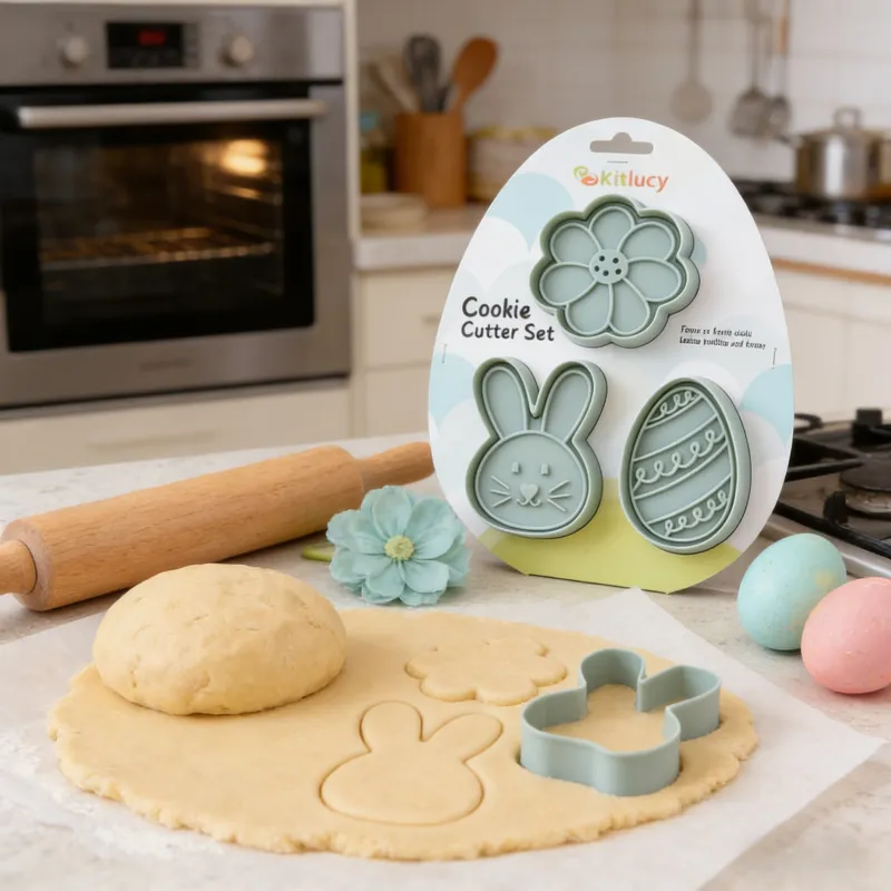 Light green Easter-themed cookie cutters (flower, bunny, egg shapes) pressing into rolled cookie dough on a kitchen counter, with a dough ball, rolling pin, product packaging, decorative flowers, and pastel Easter eggs in a cozy kitchen setting with an oven in the background.