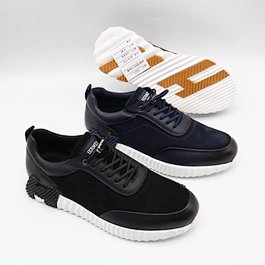 G0057 Black and Navy Blue Men's Leather Suede Sneakers with White Anti-Slip Tread Sole Display