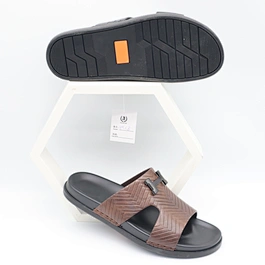 Men's brown PU leather slide slippers with chevron textured strap and H-buckle detail model XM812B