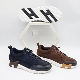 Men's navy blue and brown leather suede casual sneakers with white wave outsole model G0056