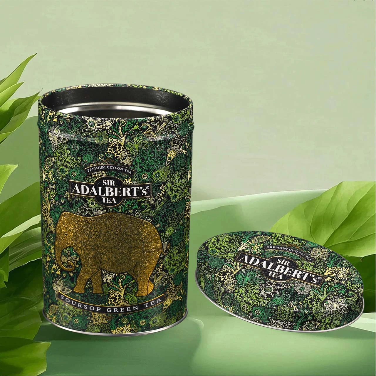 Green tea tin box with emobssed design