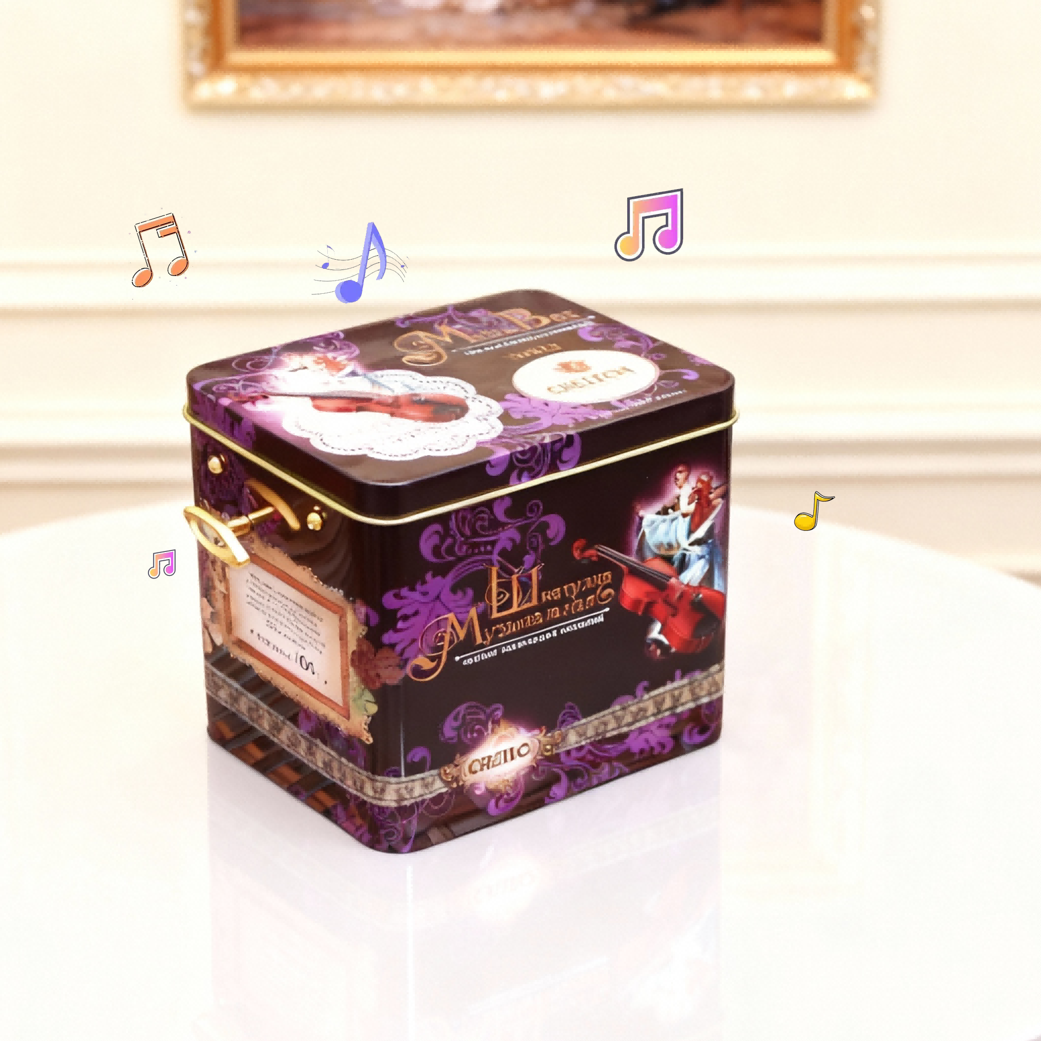 Premium rectangular music tin box with vintage gramophone design. Ideal for candy, chocolate, biscuits, gifts, and retail packaging. Durable, decorative, and collectible.