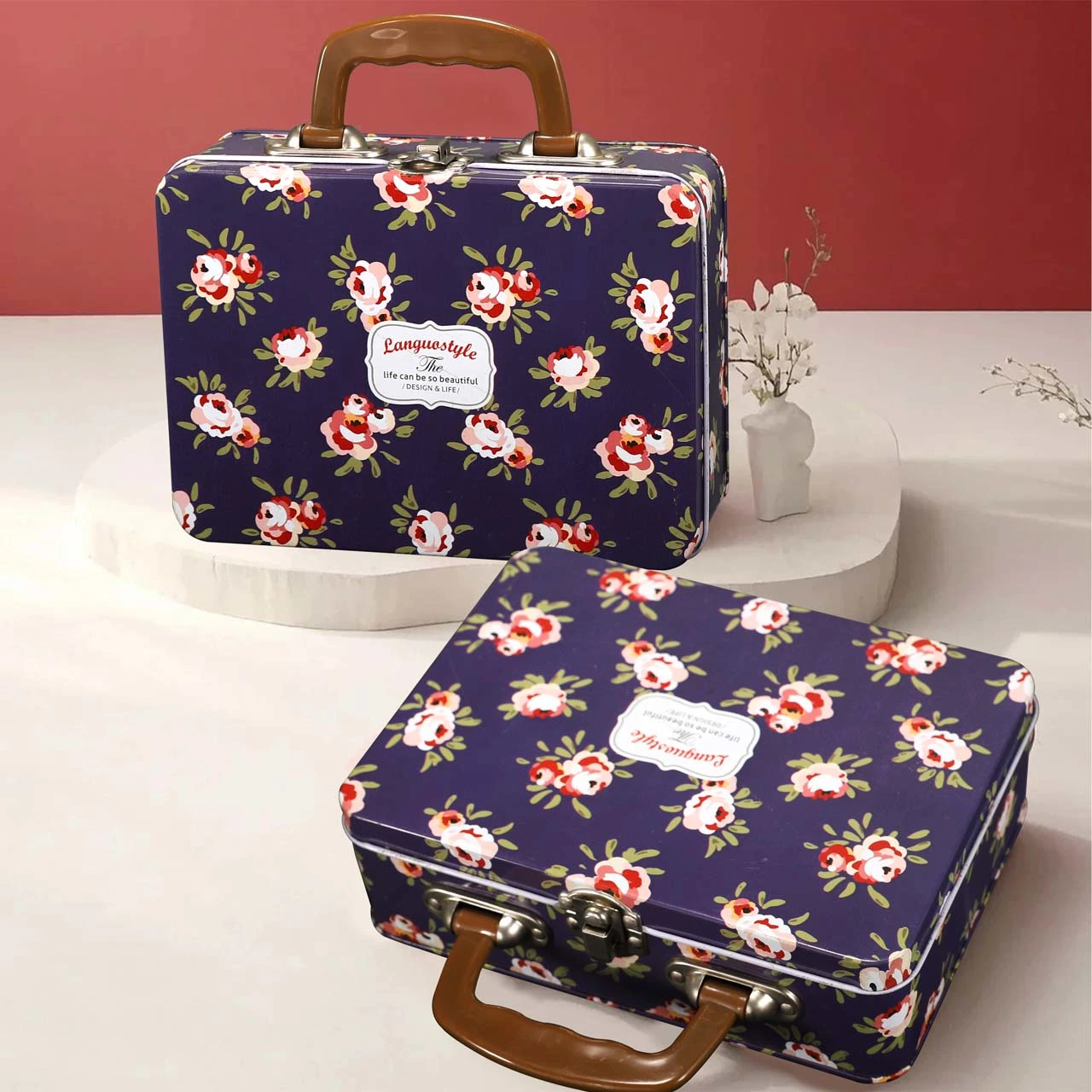 purple flower tinplate lunch box