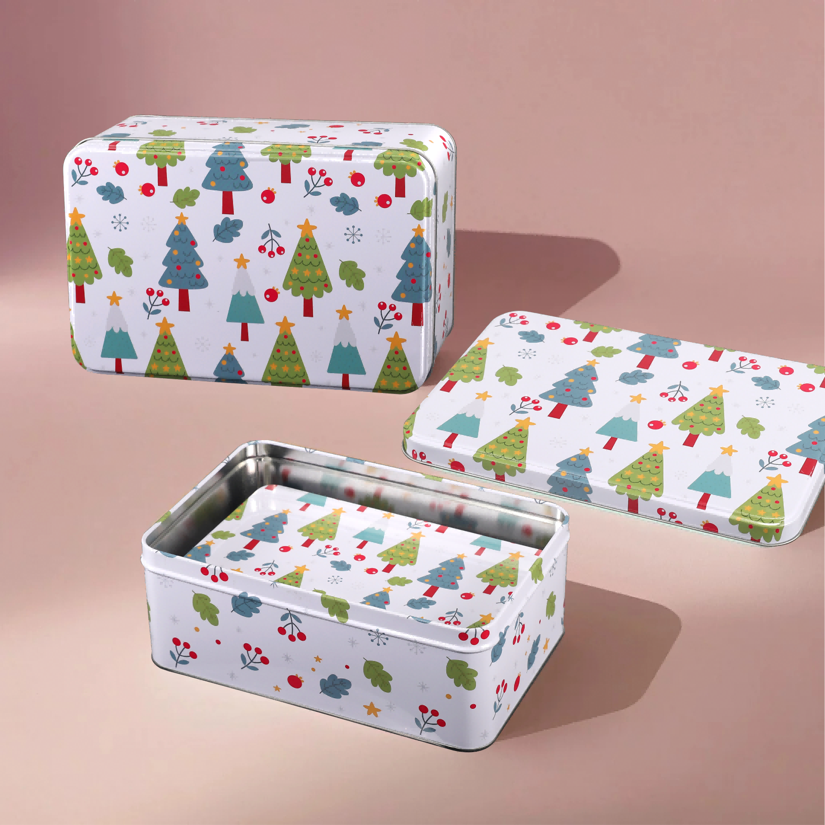 A set of Rectangle tin box with Christmas tree design