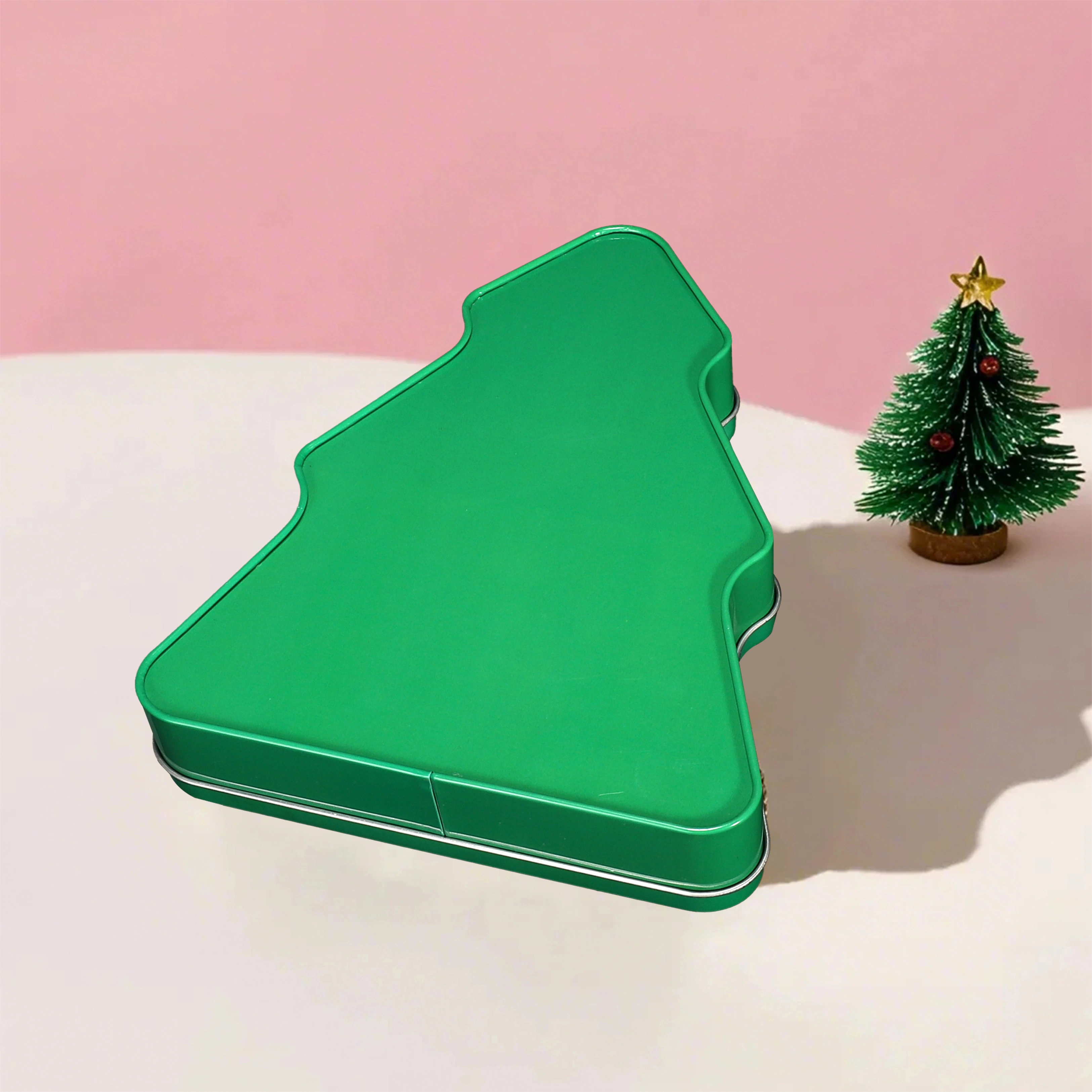 Christmas tree shaped tin box