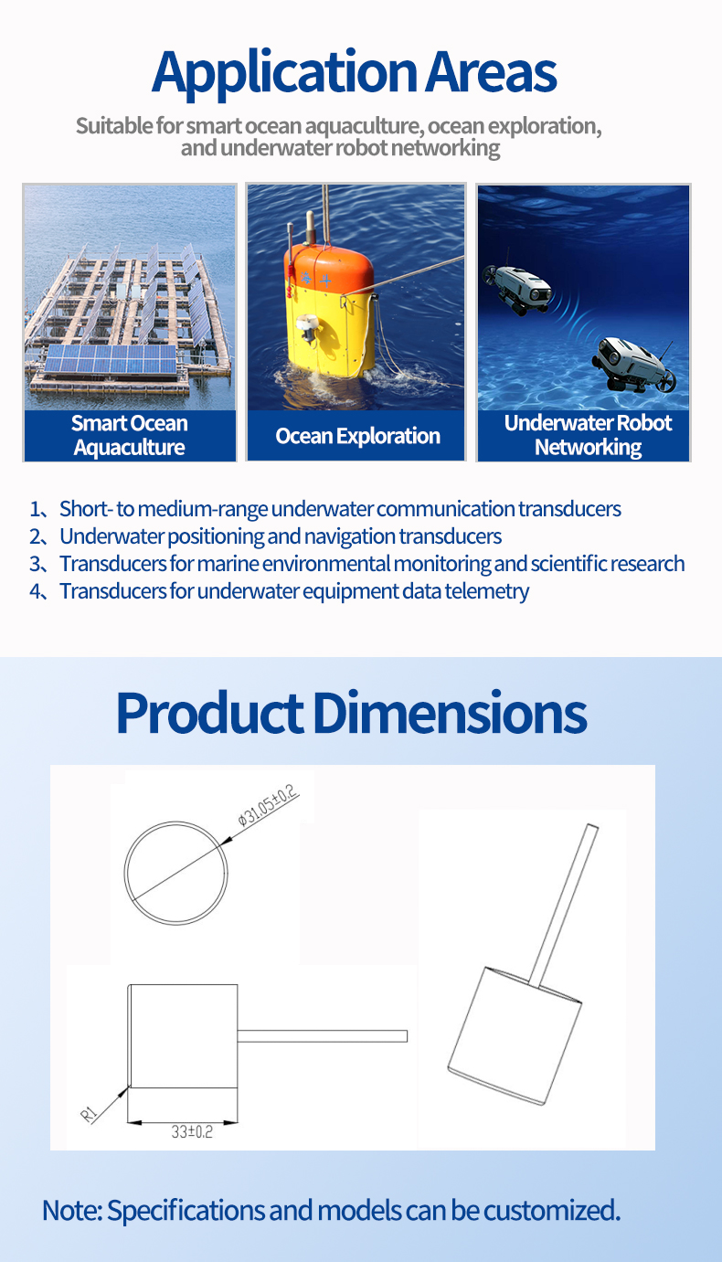 Application areas and dimensions of underwater communication transducer