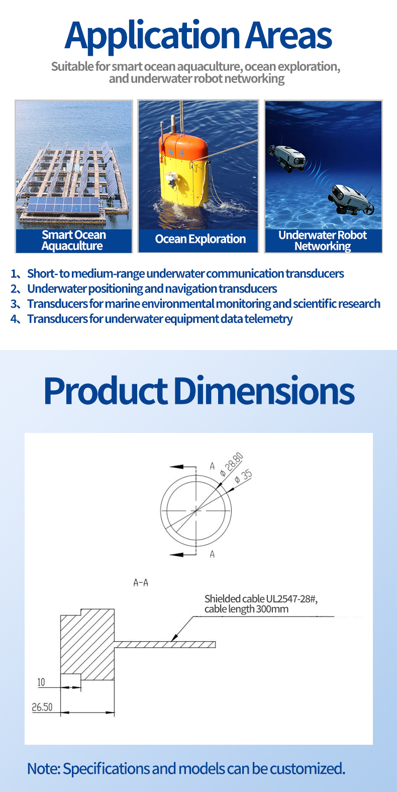 Underwater Communication Transducer application areas and dimensions drawing