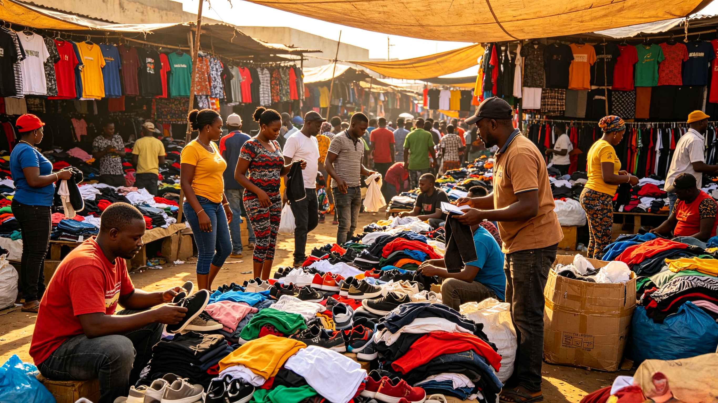 A busy second hand clothing market stall showing high sales volume and profit