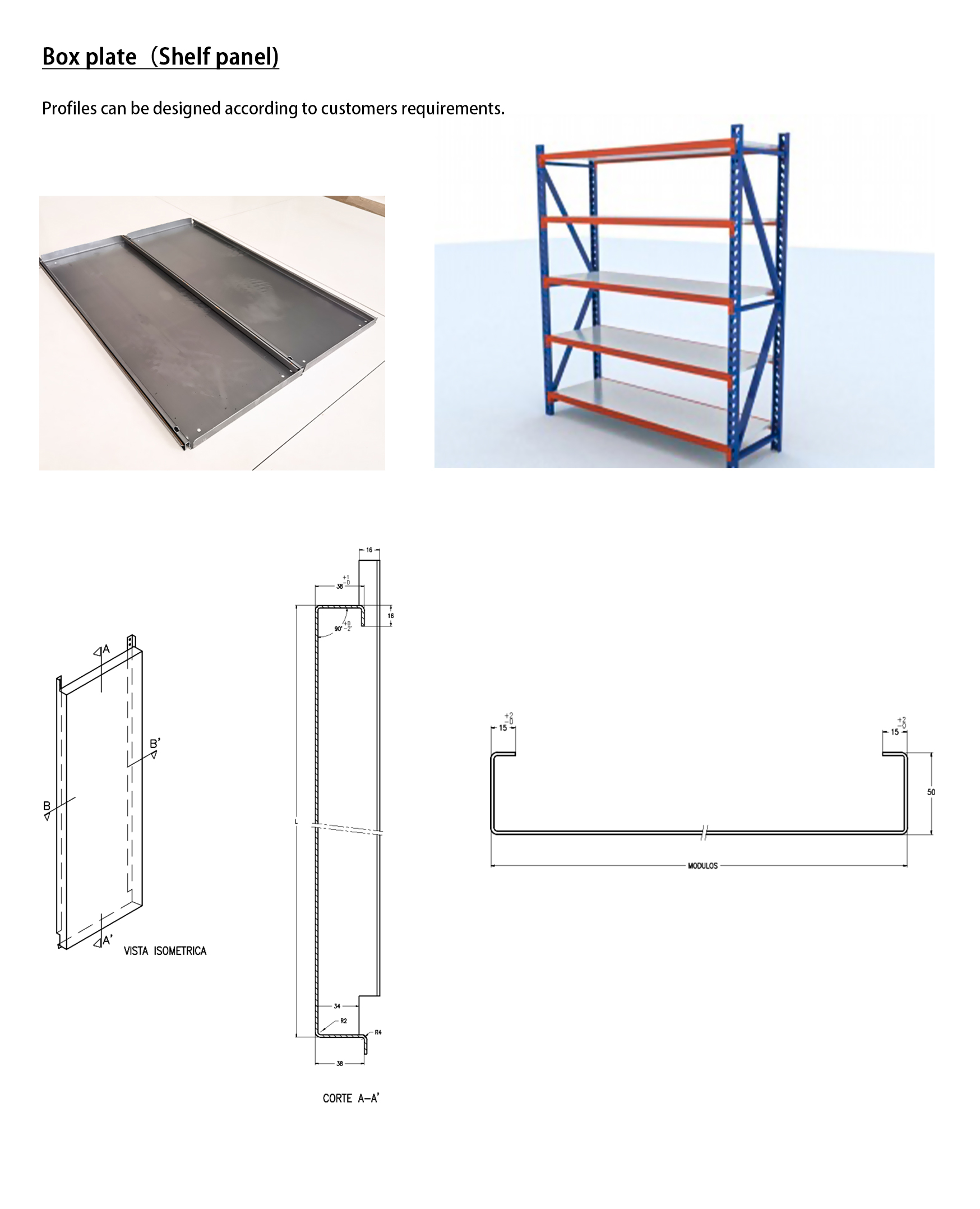 Technical profile drawings and warehouse rack application view of SUNWAY box plate (Shelf Panel)