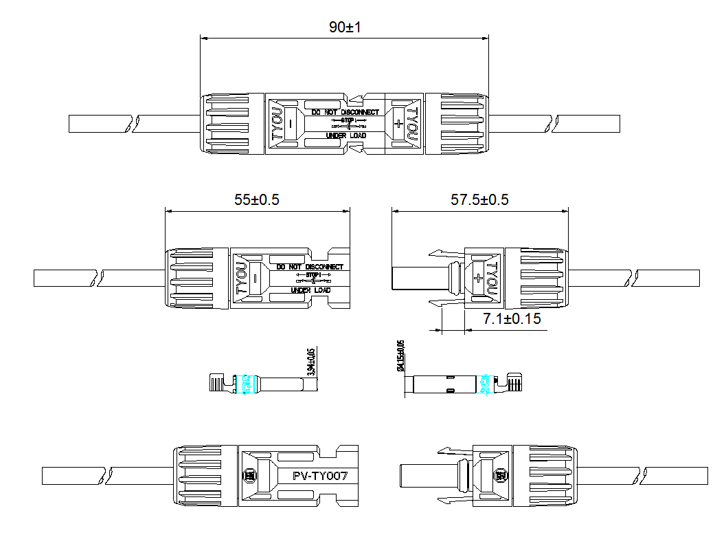 solar cable connectors drawing pv-ty007 1000V30A