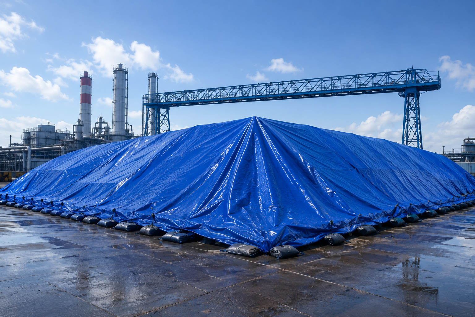 Custom oversized PVC tarpaulin used for oilfield equipment protection