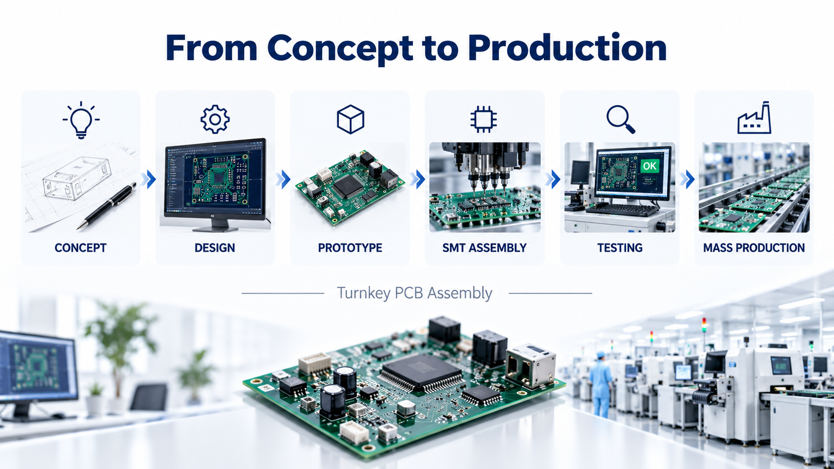 Turnkey PCB assembly process from requirements and PCB design to testing and mass production