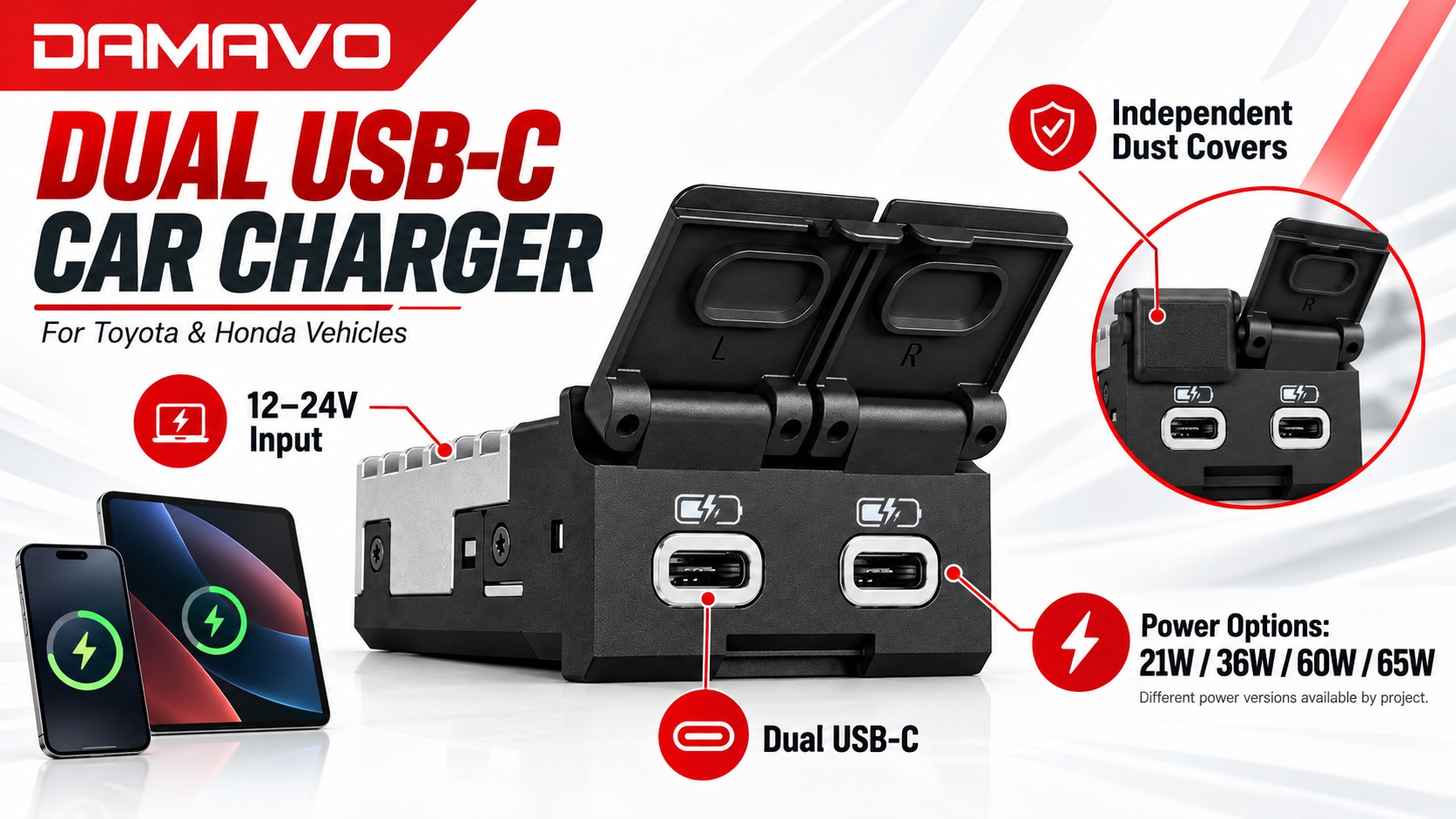 Dual USB C car charger with 21W 36W 60W and 65W x 2 power options for automotive charging