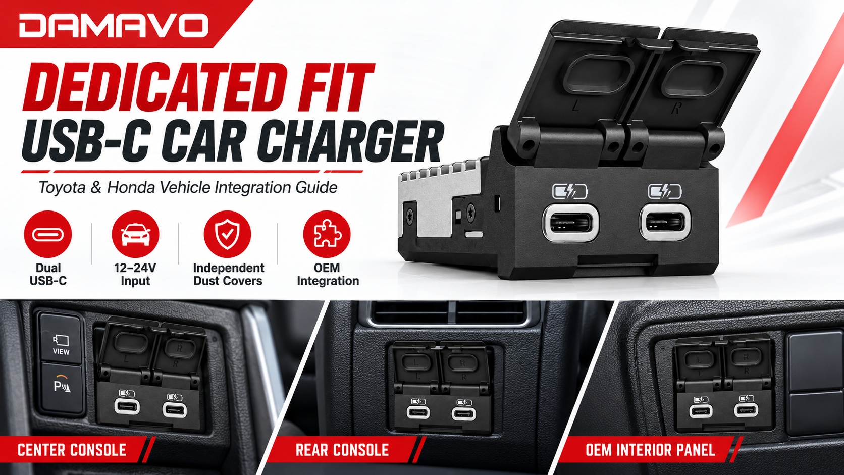 Dedicated fit dual USB C car charger for Toyota and Honda vehicle interiors