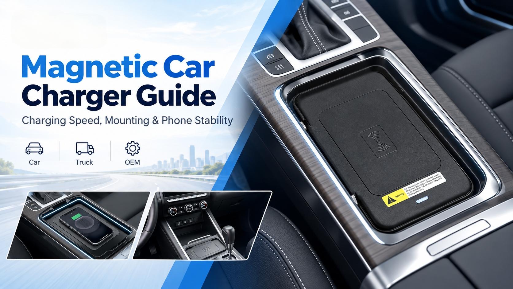 magnetic car charger guide showing a built in car wireless charger and magnetic wireless charger installation in vehicle interiors