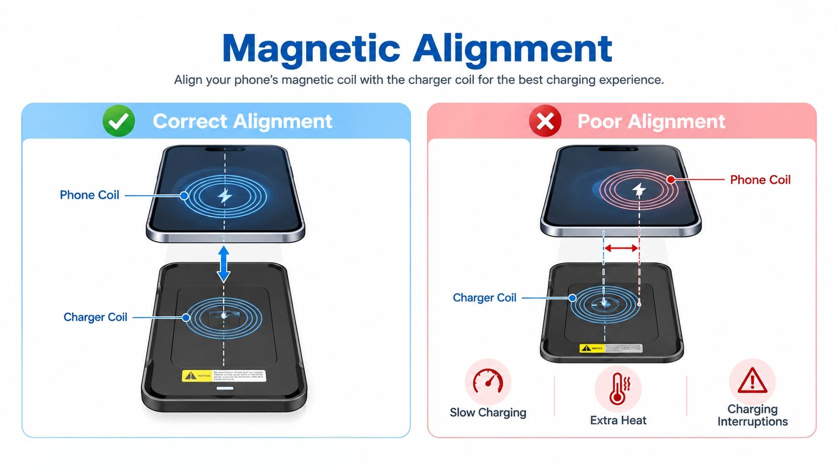 magnetic wireless charger alignment guide showing correct and poor alignment for a magnetic car charger in a vehicle