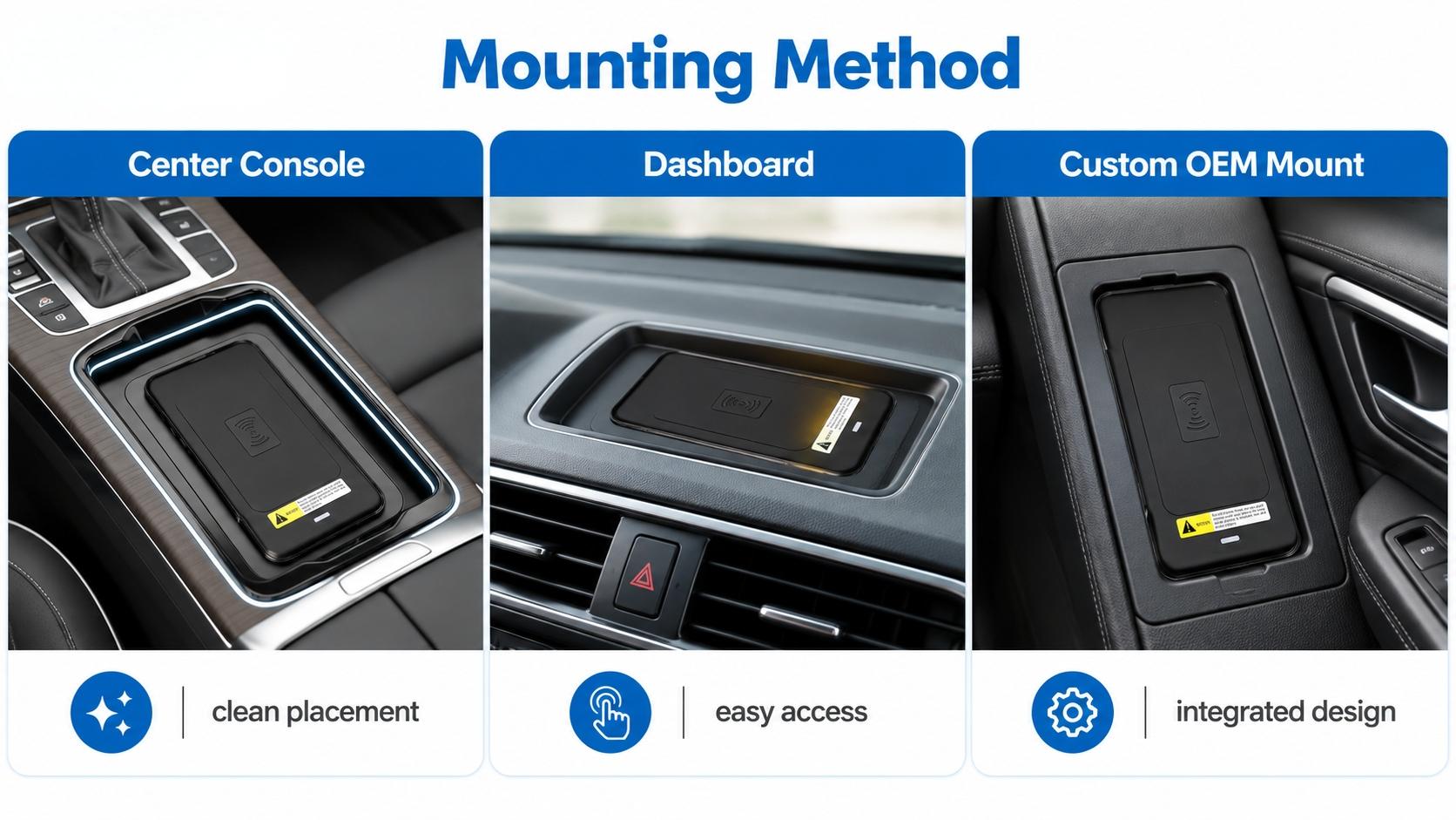 magnetic car charger mounting methods including center console dashboard and custom OEM built in car wireless charger installation