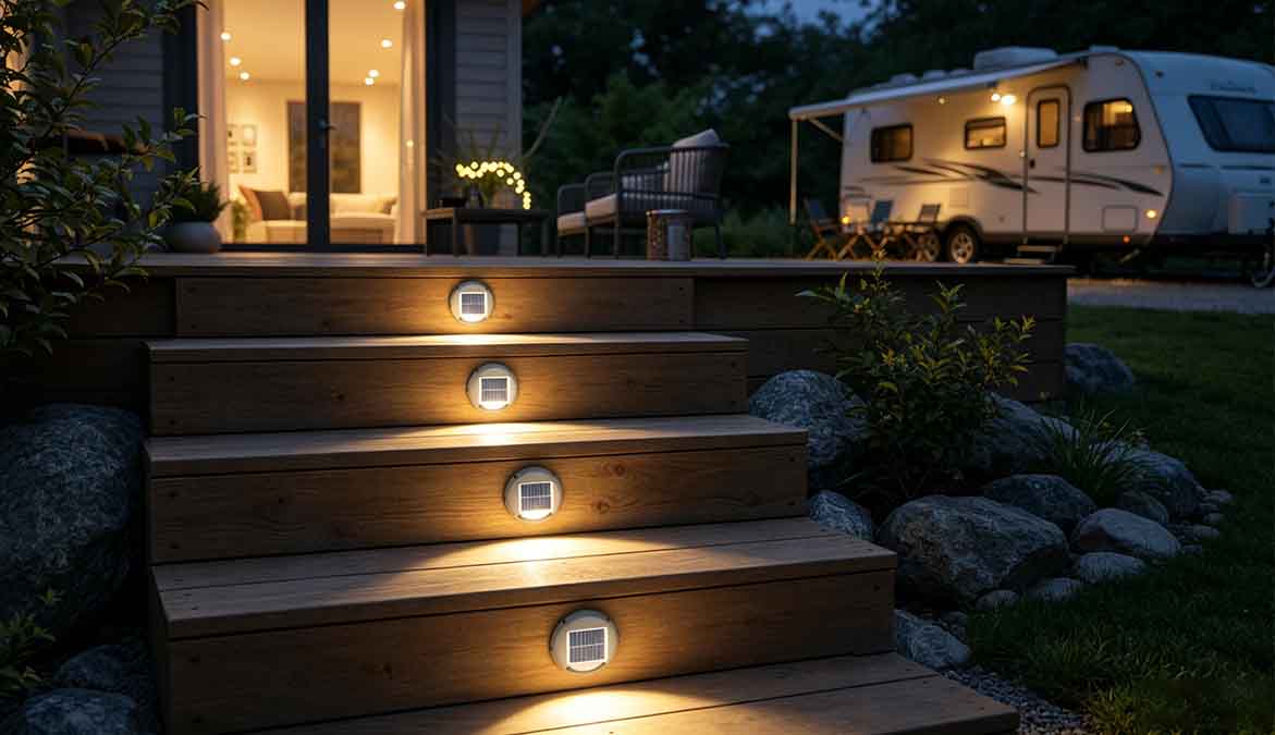 Solar deck stair lights installed on outdoor wooden steps at night