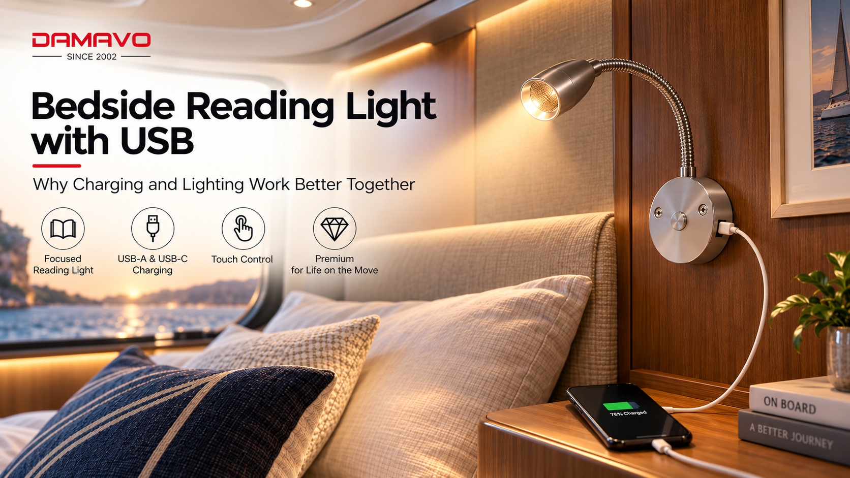 Bedside reading light with USB for RV, truck sleeper and yacht cabin applications