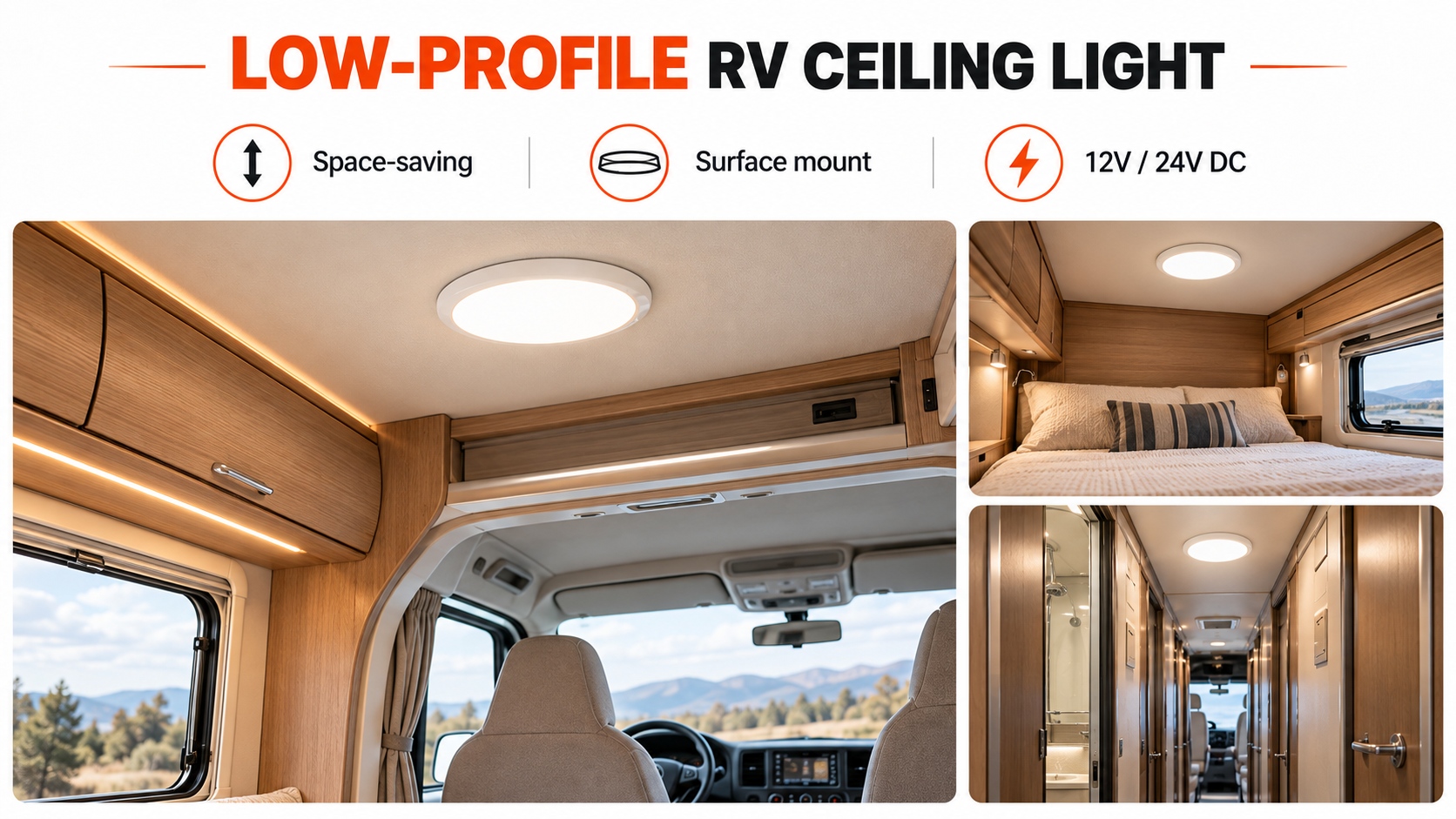 Low profile LED ceiling light in RV interior, space-saving motorhome LED ceiling light, 12V RV ceiling light