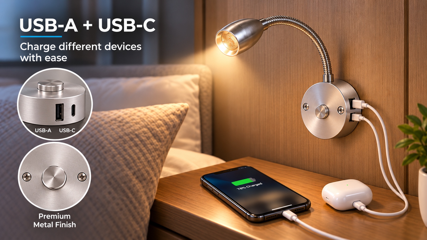 Reading light with USB-A and USB-C charging ports for bedside device charging