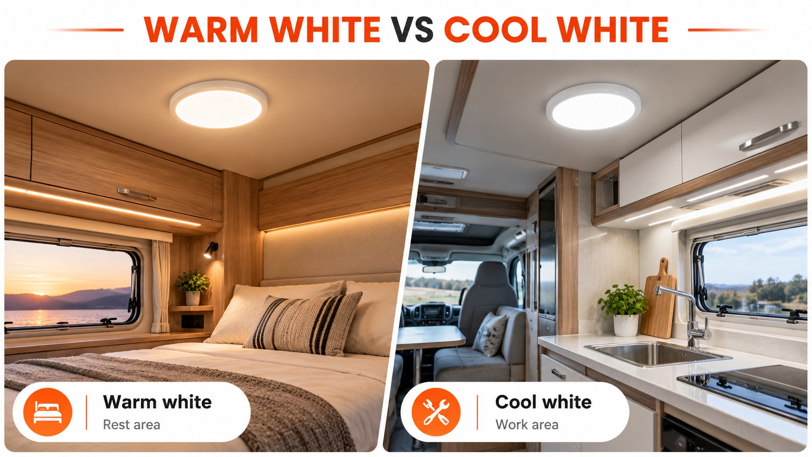 Warm white and cool white comparison for low profile LED ceiling lights in RV and motorhome interiors