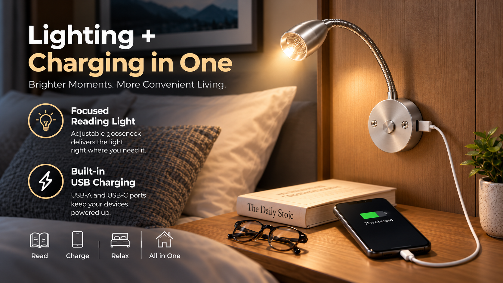Reading light with USB combining focused bedside lighting and device charging
