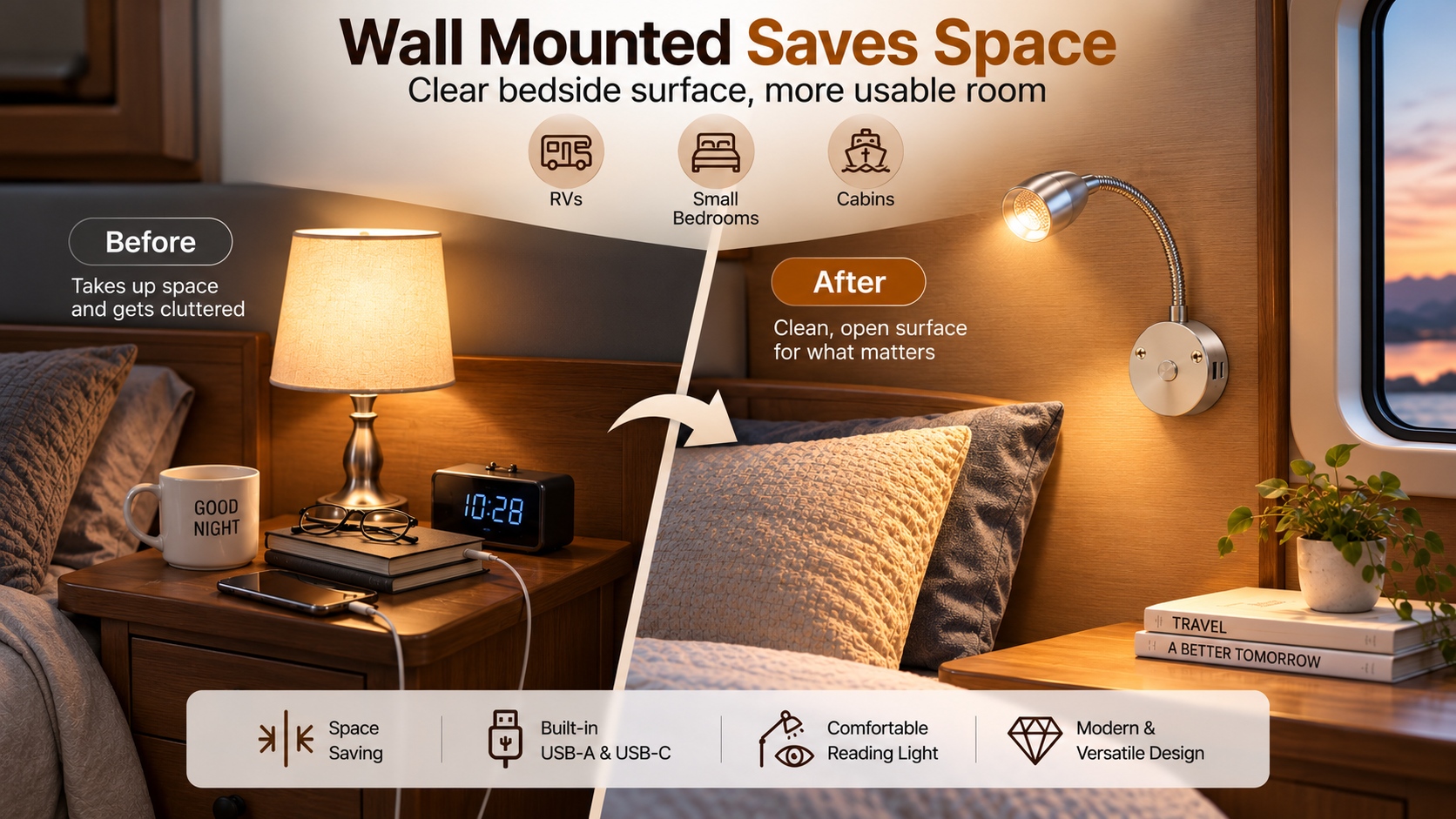 Wall mounted reading light saves bedside space in RVs, cabins and small bedrooms