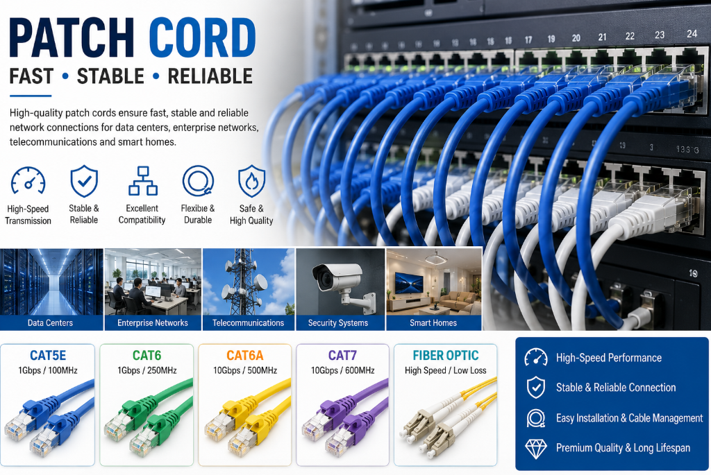 High-speed Ethernet and fiber optic patch cords connected in modern network server cabinet for stable data transmission