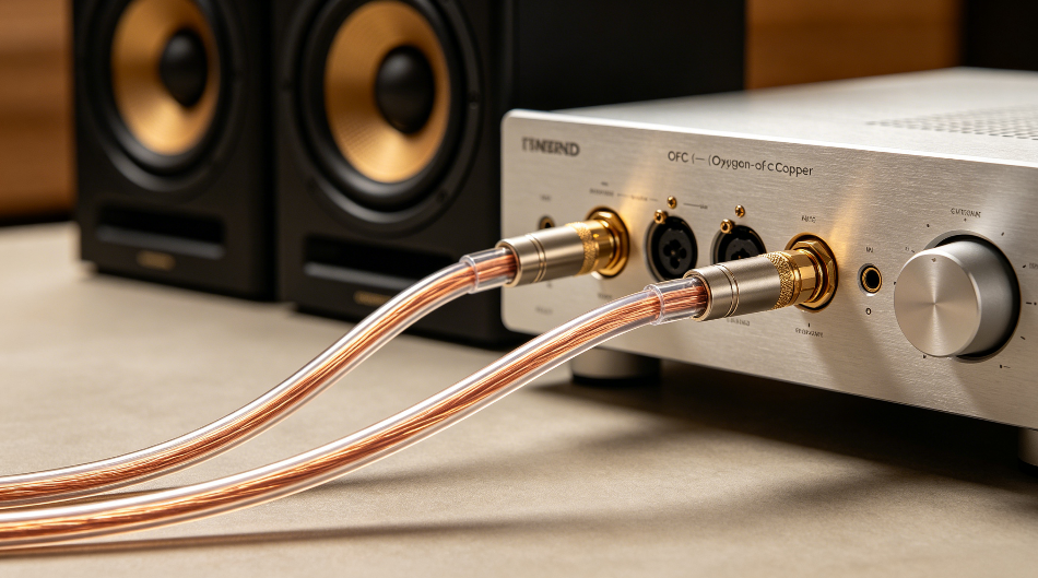 High-quality OFC speaker cable connected to professional amplifier and speakers for stable audio transmission and improved sound quality