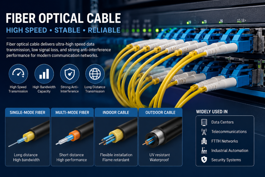 High-speed fiber optical cable connected in modern data center for stable and efficient network transmission