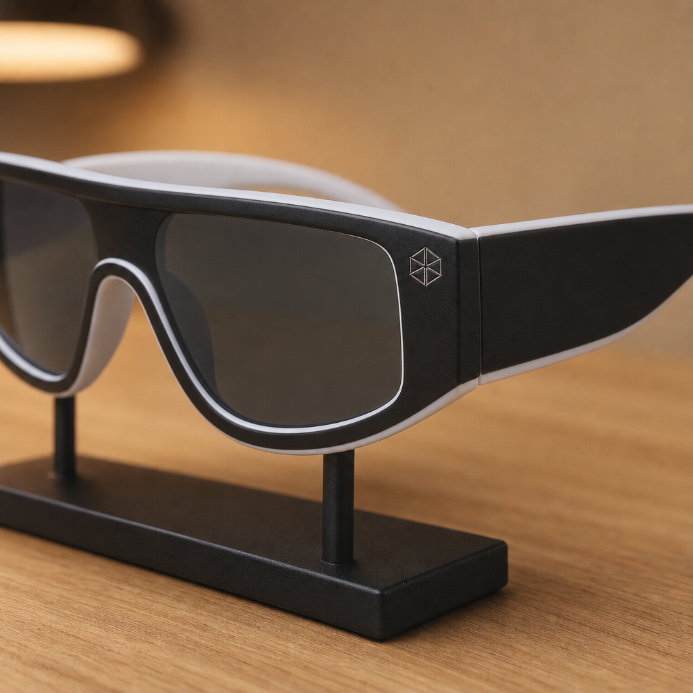 Laser engraving logo on sunglasses temple