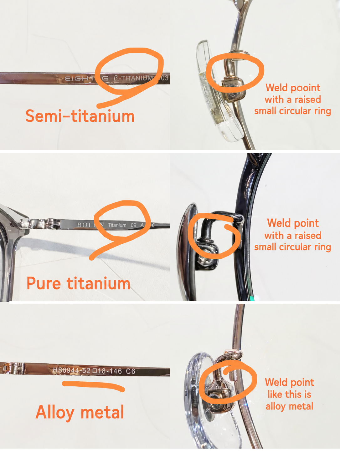 How to identify real titanium eyeglass frame, check markings and welding for pure titanium glasses