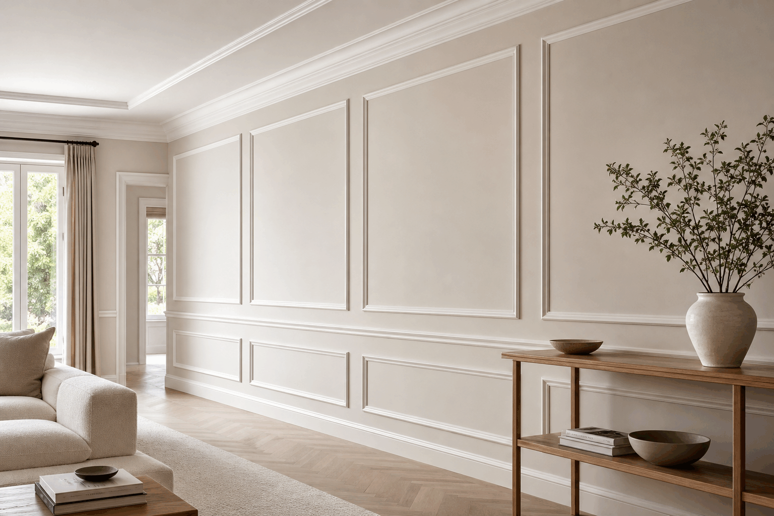 Decorative wall moulding creating panel lines in a finished interior