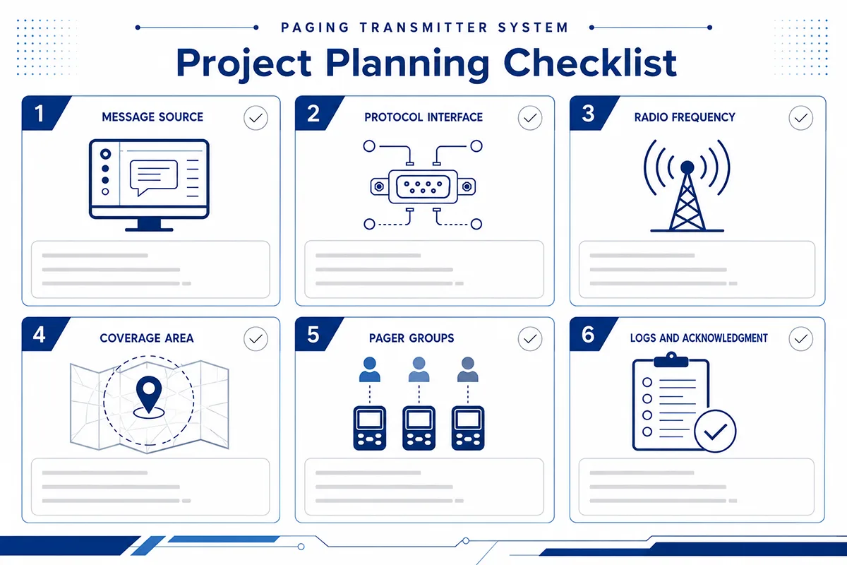 POCSAG transmitter project checklist for message input, frequency, coverage, pager programming, and response requirements